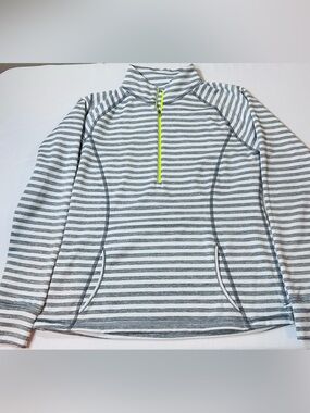 Lucy Women’s Gray White Striped Half Zip Pullover Top neon Yellow Zipper Size L